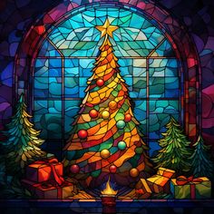 a stained glass window with a lit christmas tree