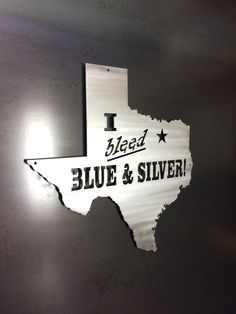 a metal sign that says i love texas blue and silver