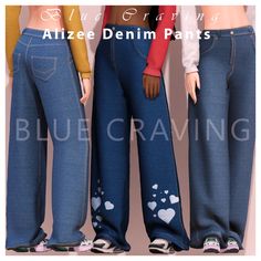 three mannequins wearing jeans with hearts painted on them and the words blue denim pants