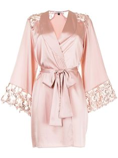 pink stretch-silk sheer panelling embroidered edge shawl lapels long sleeves wrap design tied waist straight hem POSITIVELY CONSCIOUS: We’ve joined forces with ethical agency Good On You to give you the power to choose positively. This piece is from a brand that scores well on their key criteria. Pearl Lingerie, Everything Pink, Pink Silk, Embroidered Silk, Nightwear, Night Gown, Pink Dress, Shawl, Fashion Branding