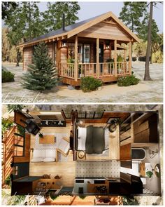 two pictures showing the inside and outside of a small cabin with an open floor plan