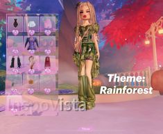 an animated image of a woman in a dress and boots with the words theme rainforest on it