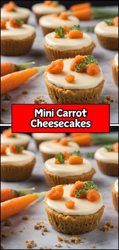 mini carrot cheesecakes with cream frosting and fresh carrots in the background