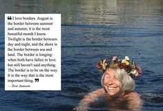 an older woman swimming in the water with a flower crown on her head and quote about love between august is the border between summer and autumn