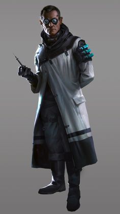 a man in a trench coat holding a knife and wearing goggles, standing on a gray background