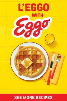 an egg and waffles advertisement on a yellow background with the words,'lego with egg '