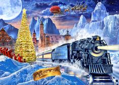 a christmas train with santa's sleigh in the sky and a tree