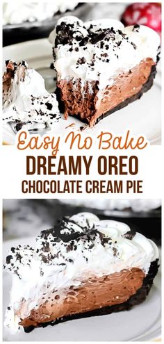 easy no bake dream oreo chocolate cream pie on a white plate with text overlay