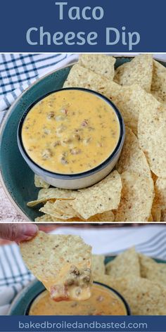 a bowl of taco cheese dip with tortilla chips on the side and in front