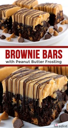 chocolate brownie bars with peanut butter frosting on a white plate and topped with chocolate chips