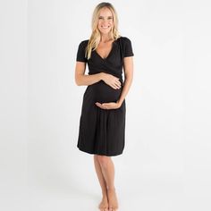 Wrap Top Also Great For Nursing Black Maternity Dress For Spring, Black Spring Maternity Dress, Spring Black Maternity Dress, Black V-neck Maternity Dress, Fitted Black Maternity Dress For Spring, Black Stretch Maternity Dress, Casual Fitted Ruched Maternity Dress, Black Short Sleeve Ruched Dress, Black Ruched Dress With Short Sleeves