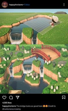 two screens show the same scene in animal crossing, and one shows an image of a bridge