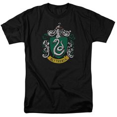 Officially Licensed Merchandise. Printed in the U.S.A. 100% Cotton High Quality Pre Shrunk Machine Washable T Shirt Design Will Not Fade, Crack or Peel After Multiple Washes. State of the Art Digitally Printed Clothing. Made to Order. Takes 2-5 Business Days to Make to Perfection. Slytherin Shirt, Slytherin Snake, Slytherin Crest, Harry Potter Slytherin, Harry Potter Movies, Laid Back Style, Branded T Shirts, Black Tee, Black Tshirt