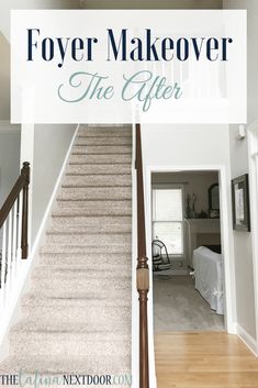 the stairs in this house have been painted white with blue lettering that reads, foyr makeover the after