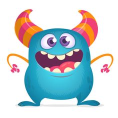 a cartoon blue monster with horns and big eyes, standing in front of a white background