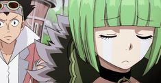 two anime characters one with green hair and the other with black eyeliners, staring at each other