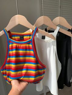 Summer 3pcs/Set Knitted Striped Halter Tight Top With Color-Blocking Design Multicolor Casual    Striped,Rainbow Stripe Cami High Stretch  Women Clothing, size features are:Bust: ,Length: ,Sleeve Length: Women Tank Tops, Pretty Clothes, Casual Stripes, Irises, Tank Top Cami, Cami Tanks, Rainbow Stripes, Striped Knit, Fashion Online Shop