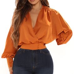 New Copper Blouse Long Sleeve Crop Top Size Medium Brand New With Tag Please Send Me An Offer Fashion Nova Shirts, Surplice Top, Fashion Nova Tops, Women Shirts Blouse, Womens Loungewear, Shirts Blouses, Shop Maxi Dresses, Long Blouse, White Fashion