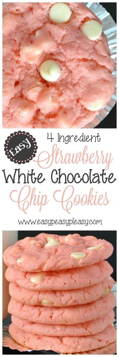 strawberry white chocolate chip cookies are stacked on top of each other with the words, it ingredients