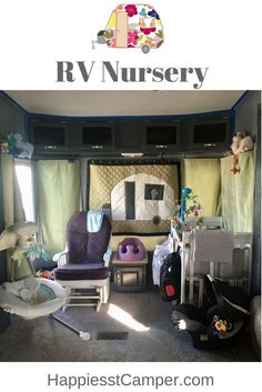 a room filled with lots of furniture next to a baby's crib and toys