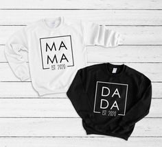 Mama Dada Sweater Set - Couples Sweater Set - Pregnancy Announcement Shirts - New Baby - Mom to Be - Daddy to Be - Mama Dada Box Year Shirts*****EXCITING NEWS! ALL orders to the US are now sent via USPS and come with tracking!******Established year can be personalized*This listing is for a SET OF 2 that comes with two high quality UNISEX super soft sweatshirts. Unisex sweatshirts are used for both men and women's sweater in the set, they are super popular in the shop among both men and women for Matching Mom And Dad Shirts, Mom And Dad To Be Shirts, Mama Dada Baby Shirt, Mommy And Daddy To Be Shirts, Maternity Family Matching T-shirt With Graphic Print, Couples Sweaters, Pregnancy Announcement Shirt, My Dream Came True, Black White Pink