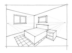 a drawing of a bedroom with a bed, dresser and window in the middle of it