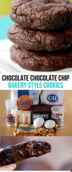 chocolate chip bakery style cookies are stacked on top of each other with ingredients to make them