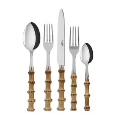 four forks, two spoons and one knife are shown in this image on a white background