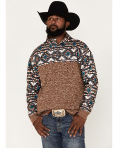 Hooey Men's Southwestern Print 1/4 Snap Pullover Sweatshirt, Brown Western Brown Tops For Winter, Brown Western Style Top For Winter, Brown Western Tops For Winter, Southwestern Shirt, Men’s Southwestern Style, Cowboy Sweatshirts, Western Sherpa Pullover, Western Snap Button-up Shirt, Southwestern Print