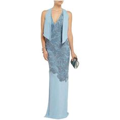 Versace leather cut out floral details embellished with Swarovski crystal and sequins over tulle sky-blue gown. Tulle, crepe. Tonal bead and crystal embellishments, overlay, crossover straps, side slit, fully lined. Concealed zip fastening along side. 95% viscose, 5% elastane; lining: 94% silk, 6% elastane; lining2: 100%. Silk. Dry clean. Designer color: Light Blue. Fits true to size, take your normal size. Cut for a slim fit. Mid-weight, slightly stretchy, partially embellished fabric. Measurem Gowns Floral, Gowns Blue, Versace Blue, Gown Blue, Sequin Evening Gowns, Blue Ball Gowns, Gown White, Blue Sequin Dress, Marine Uniform