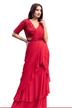 Cherry red pre-draped ruffled saree in georgette base. Paired with a cutdana embroidered padded blouse with a tasseled hem and belt. - Aza Fashions Ruffled Saree, Dhoti Saree, Cotton Sarees Handloom, Ruffle Sarees, Ruffle Saree, Padded Blouse, Drape Saree, Embellished Blouse, Lehenga Saree