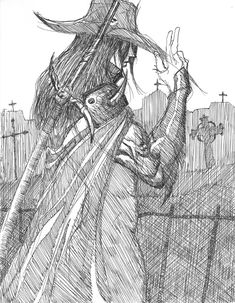 a drawing of a woman with long hair and a hat on her head, standing in front of a fence