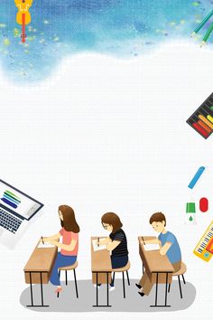 three people sitting at desks in front of a laptop computer with pencils and crayons on it