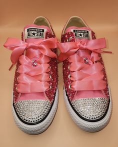 Custom Designed Brand New Women's Low Top Pink Bling Classic Converse Sneakers. Each pair are custom made per order. You can choose the color sneakers, rhinestones, and satin shoe laces that you want. Quince Sneakers, Hot Pink Quince, Hot Pink Converse, Pearl Sneakers, Bling Sneakers, Bedazzled Shoes, Pink Quince, Classic Converse, Tie Sneakers