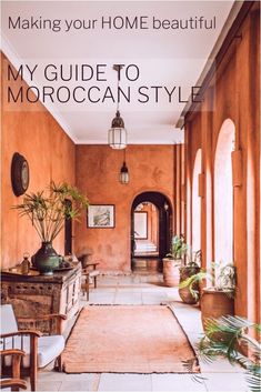 an orange hallway with potted plants and chairs