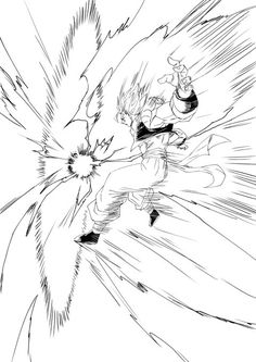 a black and white drawing of an anime character flying through the air with his arms outstretched