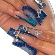 Long Nails Nail Art, Summer Birthday Nails Coffin, Tah Beauty Nails, Summer Vegas Nails, Blue Nails Acrylic Summer, Nails Acrylic Birthday Set, Jhene Aiko Nails, Long Blue Acrylic Nails, Blue Nail Inspo Acrylic