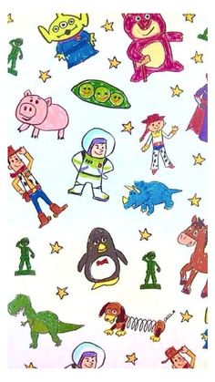 an image of children's cartoon characters on white paper