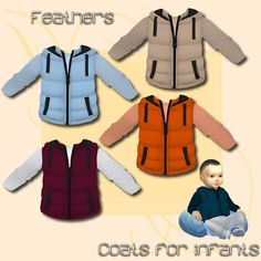 four different colored vests for babies and children with the text, feathers coats for infants