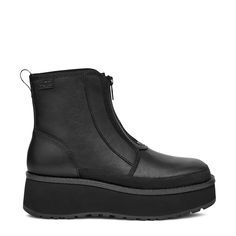 Explore urban adventures in luxurious style with these women's Ugg Cityfunc black winter boots. Featuring water-resistant leather upper, these round toe boots have rear pull tab made from 100% recycled polyester fibers for sustainability and front zipper closure for easy wear and a secure fit. Textile lining made of 49% polyester and 51% UNIFI REPREVE recycled polyester, molded EVA footbed, and peppermint-based anti-odor treated sockliner keep your feet comfortable and fresh all day long. Lightweight sugarcane EVA midsole and lugged, durable rubber outsole provide excellent support and grip. Wedge heel and platform elevate the appeal. | Ugg Women's Cityfunc Winter Boot in Black Size 7. 5 Medium Ugg Leather Boots For Women, Black Outdoor Boots With Zipper Closure, Black Boots With Zipper For Outdoor, Black Zipper Closure Boots For Outdoor, Black Waterproof Boots With Zipper For Outdoor, Black Waterproof Boots With Zipper Closure For Outdoor, Leather Boots With Zipper For Outdoor Activities, Leather Boots With Zipper Closure For Outdoor Activities, Women’s Winter Boots