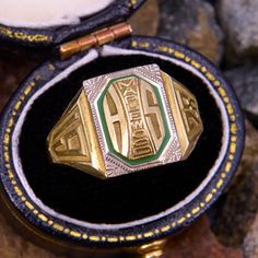 This antique Maplewood High School Class ring is from 1928 and it features engraved white gold accents and green enamel. It is crafted in 10k gold that we have left unpolished to preserve the patina. It is currently a size 8.5. 1976 Class Ring, High School Rings, Class Rings High School, School Rings, Wedding Band Engraving, Engraved Wedding, High School Classes, School Class, Green Enamel