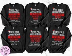 Matching Family Christmas Sweatshirts, North Pole Correctional, Funny Group Christmas Sweaters, Holiday Sweatshirt, Xmas Adult Sweaters Tops This listing is for ONE (1) unisex crewneck sweatshirt. **PLEASE NOTE** Colors may appear slightly different on some computer/phone screens than what they actually are. ★High quality prints that will last ★Comfortable & flattering fit ★ Soft and Cozy Feel, with just the right amount of Stretch ★Machine washable & dryer safe SHIRT DESIGN ★All of our shirts are created with the latest in garment printing technology. All the inks used are water based and eco-friendly. This helps to create a softer feel than traditional screen printing. The high-quality printing process prevents fading, cracking and peeling for a long lasting and durable design. The ink i Group Christmas Sweaters, Funny Christmas Sweaters Vinyl, Funny Adult Christmas Sweaters, Family Christmas Sweatshirt Ideas, Family Christmas Sweatshirts, Christmas Sweatshirt Ideas, Family Christmas Sweaters, Thanksgiving Sweater, Christmas Pj