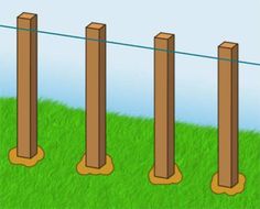 three wooden posts are in the grass near each other, and one is bent over