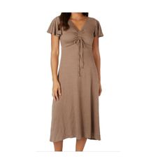 Max Studio V Neck Midi Dress Color: Taupe Brown Size: Small New With Tags Msrp $128 Spring Taupe V-neck Dress, Brown Viscose Midi Dress For Summer, Taupe Fitted V-neck Dress, Casual Brown Viscose Dress, Casual Beige Viscose Dress, Fitted Taupe V-neck Dress, Taupe V-neck Spring Dress, Spring V-neck Taupe Dress, Casual Brown Ruched Midi Dress