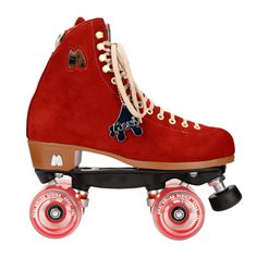 a red roller skate with wheels and laces