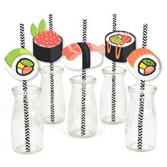 sushi themed paper straws in glass vases