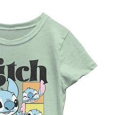 Update your little and big girls' casual wardrobe with this fun Lilo & Stitch graphic t-shirt. Crafted from soft cotton-knit, this tee has a crew neckline and short sleeves. Style it with jeans or shorts. Character: StitchClosure Type: Pullover HeadFit: Regular FitNeckline: Crew NeckSleeve Length: Short SleeveFiber Content: 60% Cotton, 40% PolyesterFabric Description: KnitCare: Tumble Dry, Machine WashCountry of Origin: Imported Disney Cotton T-shirt For Spring, Green Disney Crew Neck T-shirt, Disney Green T-shirt With Crew Neck, Green Disney Cotton T-shirt, Green Disney Crew Neck Top, Girls Disney, Tops Graphic, Sleeves Style, Lilo Stitch