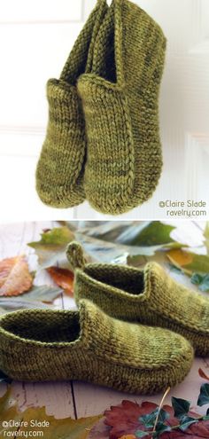 there is a pair of green knitted slippers