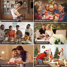 four different pictures show people celebrating christmas and giving gifts to each other in the living room