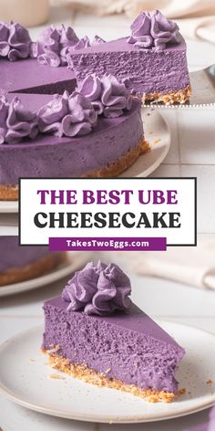 the best ube cheesecake with purple frosting is on a white cake plate